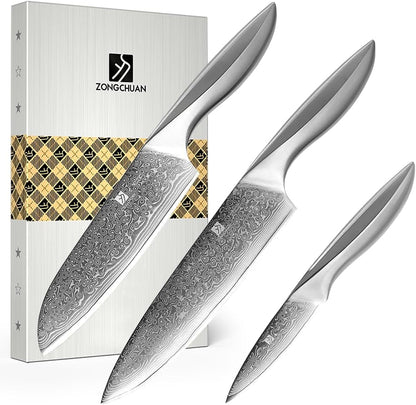 3 PCS Damascus Chef Knife Set, Ultra-Smooth Cutting Experience and Professional Grade Sharp, Kitchen Knife Set,Handle Ergonomic Design,9Cr18Mov High Carbon Stainless Steel,Dishwasher Safe1