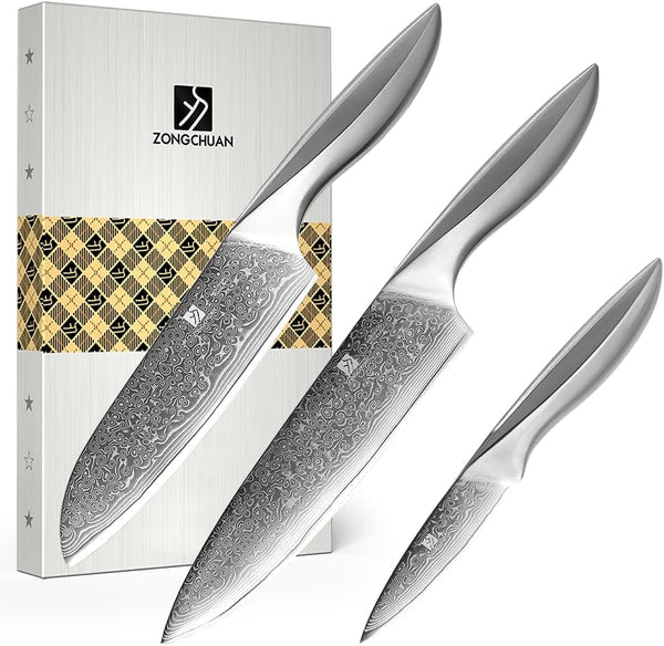 3 PCS Damascus Chef Knife Set, Ultra-Smooth Cutting Experience and Professional Grade Sharp, Kitchen Knife Set,Handle Ergonomic Design,9Cr18Mov High Carbon Stainless Steel,Dishwasher Safe1