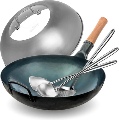 Blue round Bottom Wok Pan – 14" Woks and Stir Fry Pans + 17" Wok Spatula and Ladle Skimmer Spoon + Wok Lid 13.6 Inch1