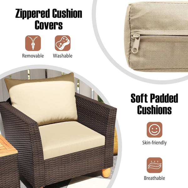 3 Piece Patio Furniture Set, Patiojoy Outdoor PE Wicker Bistro Set with Soft Cushions and Solid Acacia Wood, Outdoor Conversation Set with Porch, Balcony and Garden7