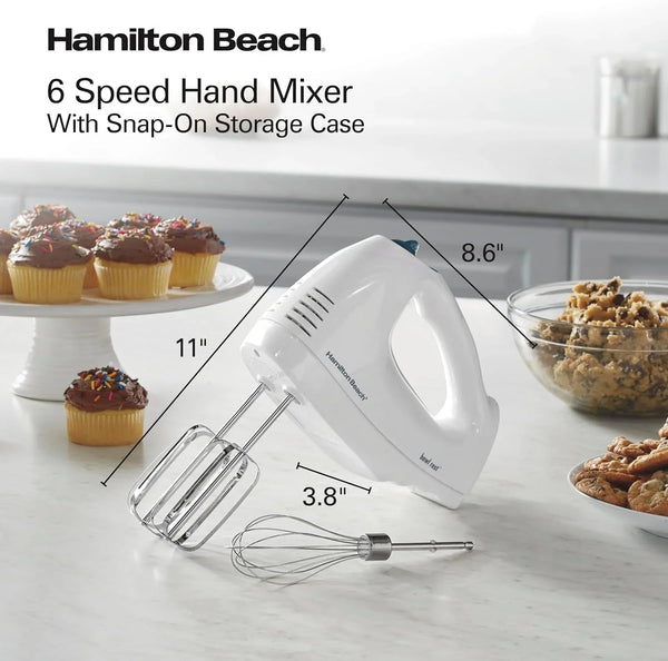6-Speed Electric Hand Mixer with Quickburst and Bowl Rest | Powerful 250 Watt Motor | Traditional Beaters | Snap-On Storage Case | White | 62682G8