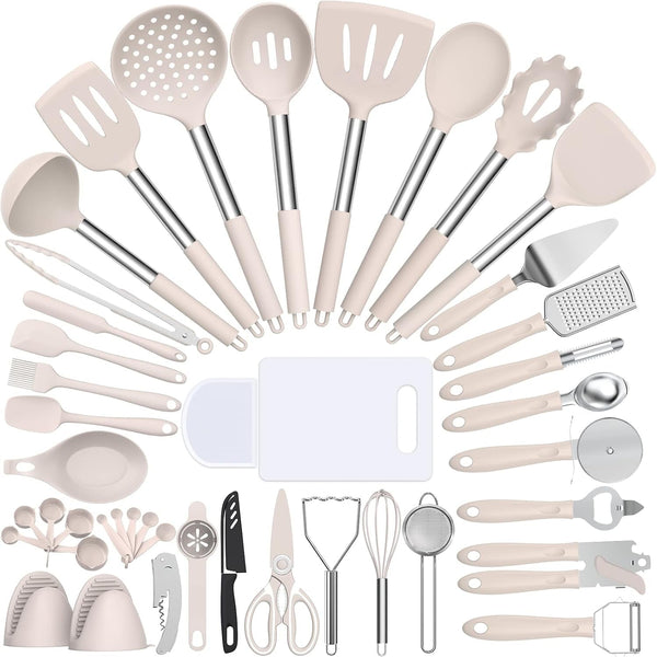 Silicone Cooking Utensil Set,  43 PCS Heat Resistant Kitchen Utensil Gadgets Set-Stainless Steel Handle- Kitchen Spatula Tools for Nonstick Cookware, Pots and Pans Accessories (Khaki)1