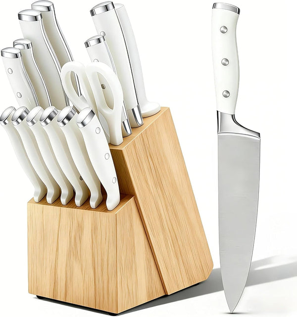 Knife Set, 15 Piece Premium Chef High Carbon Stainless Steel Kitchen Knife Block Set, Razor-Sharp, Ergonomic Forged Triple Rivet Handle, Professional Knife Set for Kitchen, Dishwasher Safe(White)1