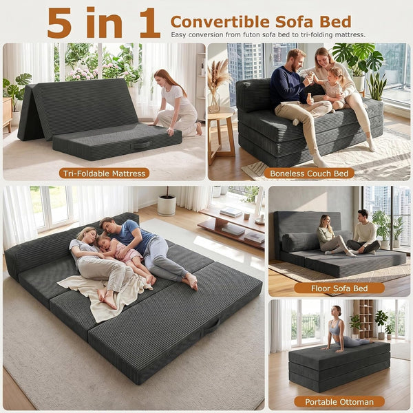 6 Inch Tri-Fold Memory Foam Mattress Queen Size, 5 in 1 Convertible Sofa Bed, Foldable Floor Futon Sleeper Couch with Washable Cover & High-Density Foam, Portable Guest Bed for Living Room3