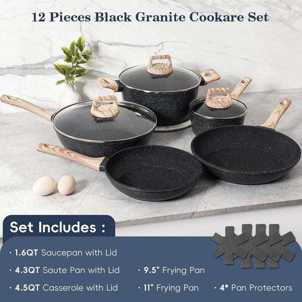 Pots and Pans Set Non Stick, 12Pcs Black Granite Induction Cookware | PFAS/PFOA/PFOS Free, Healthy Nonstick Kitchen Cookware Sets, Includes Fry Pans & Saucepans.3