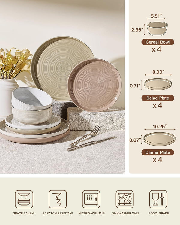 Stoneware Dinnerware Set for 4, Plates & Bowls, Multicolor7