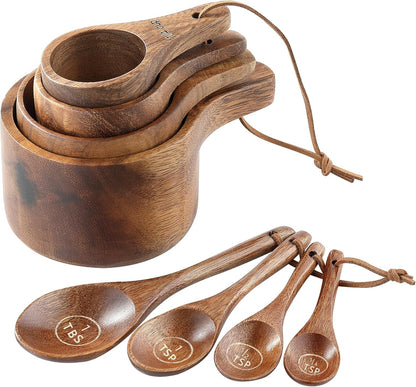 8PCS Wooden Measuring Cups and Spoons Set, Kaloo Natural Solid Acacia Wood Measuring Cups for Dry and Liquid Ingredients (Laser Engraved Measurements)1