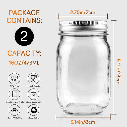 2 Pack 16Oz Regular Mouth Glass Mason Jars, Airtight Lids for Canning | Clear Glass Storage Jars, Dishwasher Safe. Great for Meal Prep, Overnight Oats, DIY Homemade Gifts and Pantry Organization2