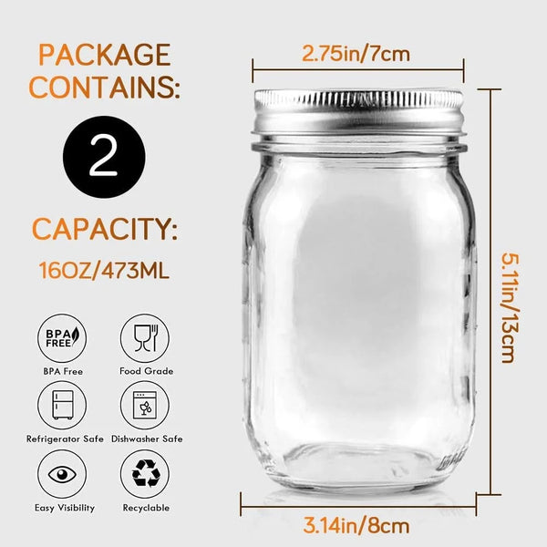 2 Pack 16Oz Regular Mouth Glass Mason Jars, Airtight Lids for Canning | Clear Glass Storage Jars, Dishwasher Safe. Great for Meal Prep, Overnight Oats, DIY Homemade Gifts and Pantry Organization2
