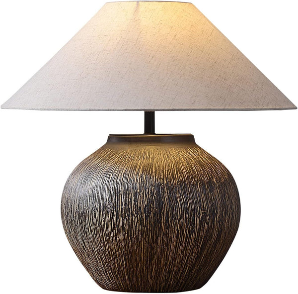 Rustic Farmhouse Table Lamp 20.8" Neutral Ceramic Table Lamp Brown White Checkered Ceramic with Linen Drum Shade Decor Bedside Nightstand for Living Room Bedroom (Large)1