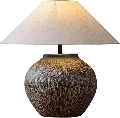 Rustic Farmhouse Table Lamp 20.8" Neutral Ceramic Table Lamp Brown White Checkered Ceramic with Linen Drum Shade Decor Bedside Nightstand for Living Room Bedroom (Large)1