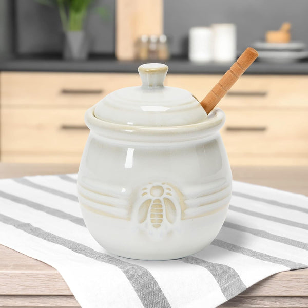 Creative Co-Op Farmhouse Embossed Stoneware Honey Pot with Wood Honey Dipper, White2
