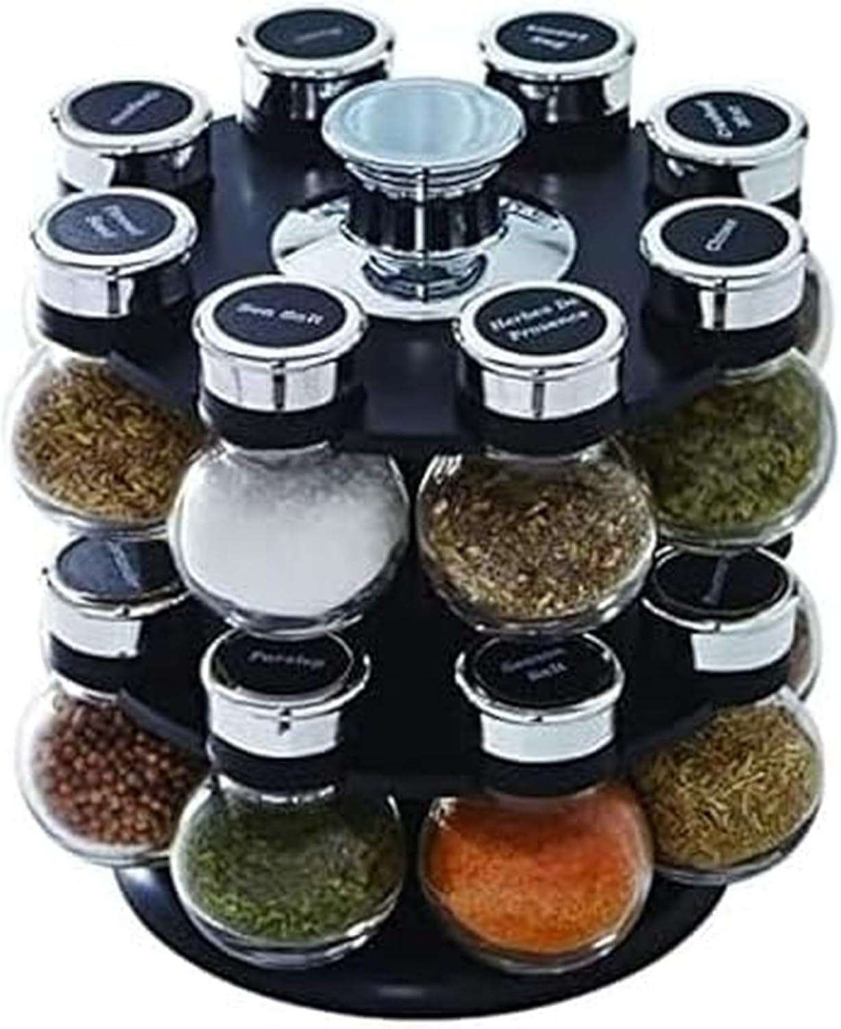 16-jar-ellington-revolving-countertop-spice-rack-with-lift-pour-caps-and-spices-included-free-spice-refills-for-5-years-black-and-chrome