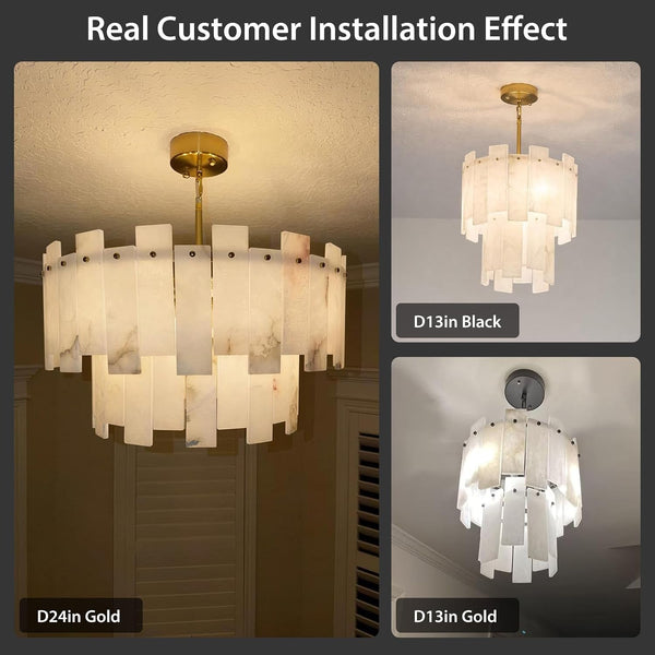 Alabaster Chandelier, 24" Spanish Alabaster round Chandeliers 2-Tier,Modern Adjustable Gold Marble Pendant Chandeliers for Dining Room, Living Room, Bedroom,Foyer,Bathroom, Included E12 Bulb9