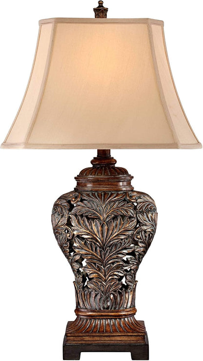Leafwork 32 1/2" Table Lamp Large Bronze Brown Vase Cottage | Rectangular Shade Traditional Wood Living Room Bedroom Bedside Nightstand House Office Home Family Tan End5