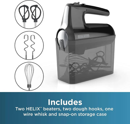 BLACK+DECKER Hand Held Mixer MX610B, 5-Speed | 350W Hand Mixer with Turbo Boost, Beaters, Whisk, Dough Hooks and Snap-On Storage Case.6