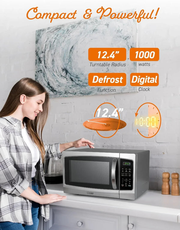 1.3 Cu. Ft. Countertop Microwave Oven, CHM13MS6, Stainless | Touch Controls with Digital LED Display, 1000W, 12.4” Turntable Plate, Push Button Door, 10 Power Levels5