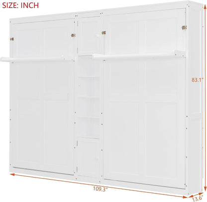 Dual Twin Murphy Bed with Cabinets and Shelves, Space Saving Wall Bed with Storage, Foldable Twin Beds with Convertible Shelf Legs for Guest Room, Small Space, White4
