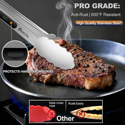 Stainless Steel Cooking Tongs Set of 3 - Heavy Duty 12/9/7 Inch Locking Tongs, Heat Resistant to 600 Degrees, Food Grade Kitchen Metal Tong for Food, Salad, & BBQ - Dishwasher Safe4