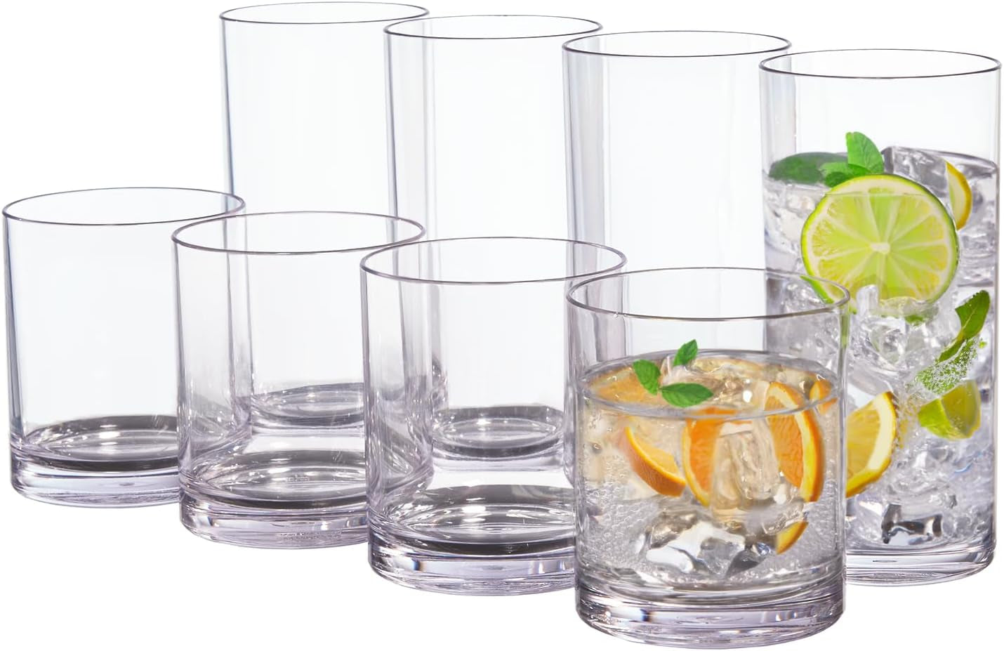 classic-clear-plastic-reusable-drinking-glasses-set-of-8-12oz-rocks-16oz-water-cups-bpa-free-tumblers-made-in-usa-top-rack-dishwasher-safe