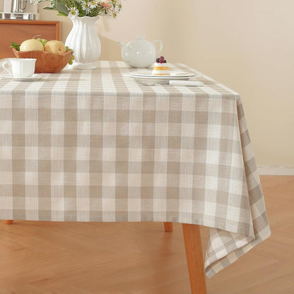 Checkered Tablecloth Rectangle Washable Buffalo Plaid Table Cloth Cotton Linen Gingham Table Cover for Picnic Kitchen Dining Room, Beige and White, 60 * 751