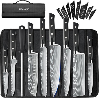 Chef Knife Set with Roll Bag, Professional Knife Set with Sharpener | High Carbon Stainless Steel 9PCS Kitchen Knife Set, Forged Triple Rivet Handle, Kitchen & Home Cooking, Dishwasher Safe Black1