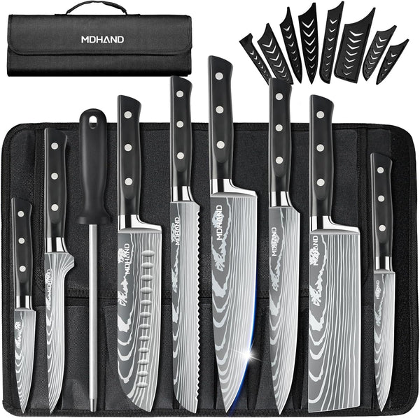 Chef Knife Set with Roll Bag, Professional Knife Set with Sharpener | High Carbon Stainless Steel 9PCS Kitchen Knife Set, Forged Triple Rivet Handle, Kitchen & Home Cooking, Dishwasher Safe Black1