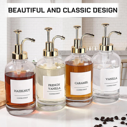 Coffee Bar Accessories,Coffee Syrup Dispenser with Labels for Coffee Bar,Pack of 4,Total 67.6 Oz (Gold Pump)3