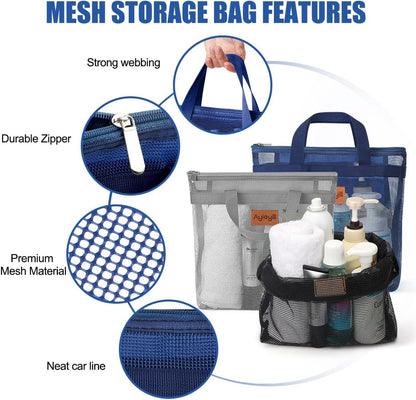 3 Pcs Portable Mesh Shower Caddy Tote, Quick Dry Tote Bag Mesh Beach Bags for Women, Hanging Toiletry and Bath Organizer for Travel Swimming Sports Gym Camp Shopping College Dorms (Black Gray D Blue)3