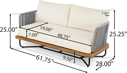 Justin 4 Pieces Conversation Set, Acacia Wood Chat Set, 3 Woven Rope Outdoor Sofa and Slat Panel Coffee Table, Patio Furniture Set for Backyard Balcony Garden, Teak+ Beige5