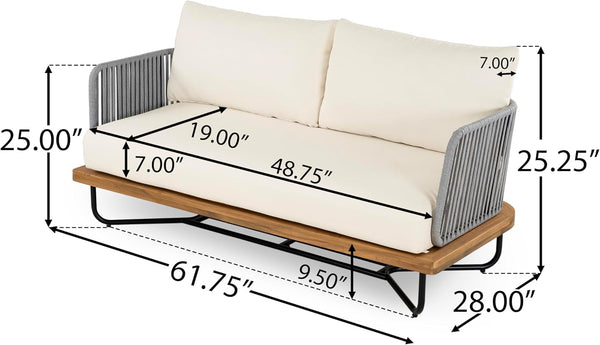 Justin 4 Pieces Conversation Set, Acacia Wood Chat Set, 3 Woven Rope Outdoor Sofa and Slat Panel Coffee Table, Patio Furniture Set for Backyard Balcony Garden, Teak+ Beige5