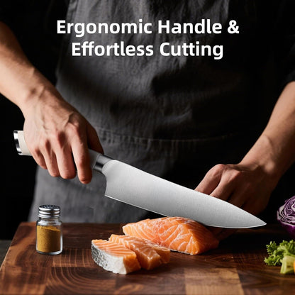Professional White Chef Knife - 8 Inch High Carbon Stainless Steel Kitchen Knife with Ergonomic White Handle for Precise Cutting5