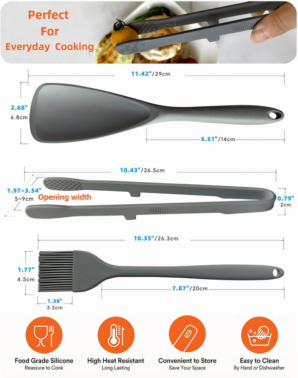 Silicone Spatula Tongs and Basting Brush Set, 3-Piece 11.4 Inch Heat Resistant Kitchen Utensils, Dishwasher Safe, Non-Scratch for Cooking, Baking, Serving, Gray6
