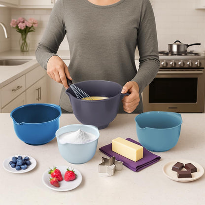 Mixing Bowls with Pour Spout, Set of 4 - Nesting Plastic Bowls (1.2Qt, 1.9Qt, 2.8Qt, and 3Qt with Handle) - Non Slip Base, Dishwasher Safe Kitchen Cooking and Baking Supplies, Blue3