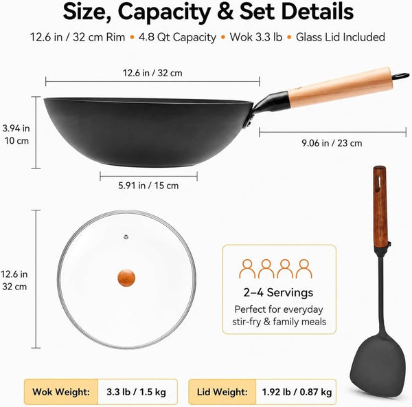 12.6 Inch Carbon Steel Wok Pan with Glass Lid and Spatula, Nitrided Flat Bottom Wok Set, Uncoated Stir Fry Pan for 2-4 Servings, Gas, Electric, Ceramic and Induction Cooktops2