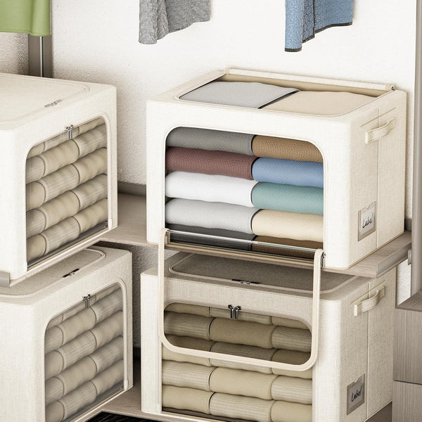 4 Pack Clothes Storage Bins with Metal Frame - 22L Stackable Storage Box with Lid，Foldable Storage Container Organizer for Clothes，Linen Fabric Storage Box with Clear Window＆Zippers＆Handles6