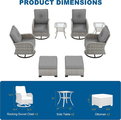8-Piece Small Patio Furniture Set, Outdoor Swivel Rocking Chairs Set with Ottomans, Patio Bistro Set for Balcony, Deck, Porch, Grey6