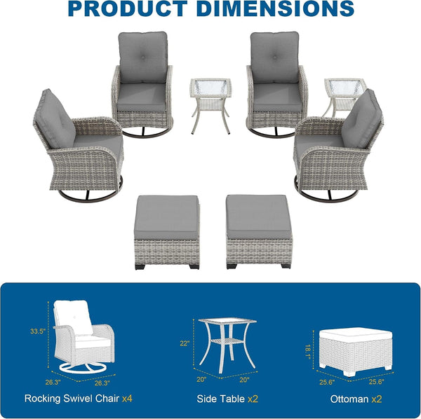 8-Piece Small Patio Furniture Set, Outdoor Swivel Rocking Chairs Set with Ottomans, Patio Bistro Set for Balcony, Deck, Porch, Grey6