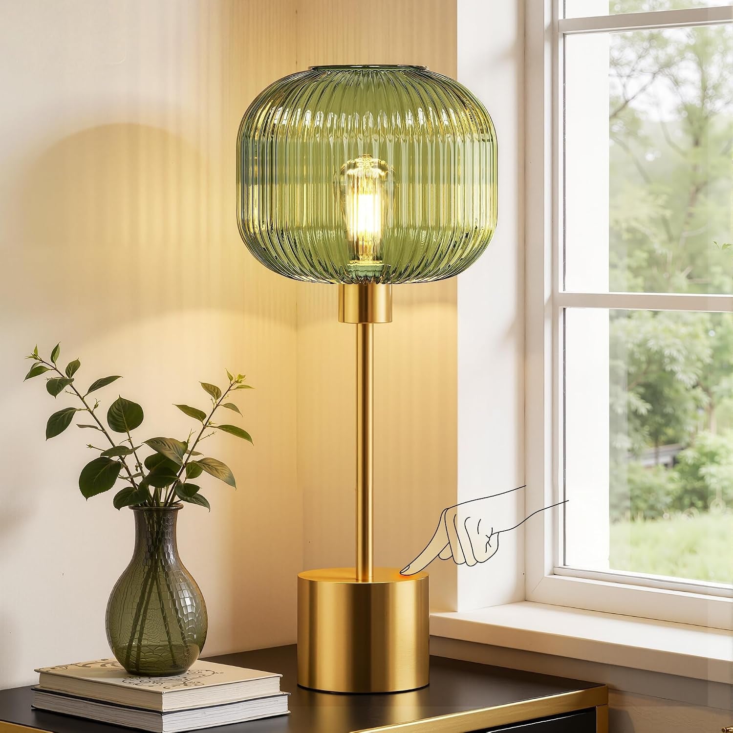 glass-table-lamp-for-living-room-modern-bedside-lamp-with-green-ribbed-glass-shade-3-way-dimmable-touch-control-nightstand-lamp-for-bedroom-brushed-gold-2700k-led-bulb-included