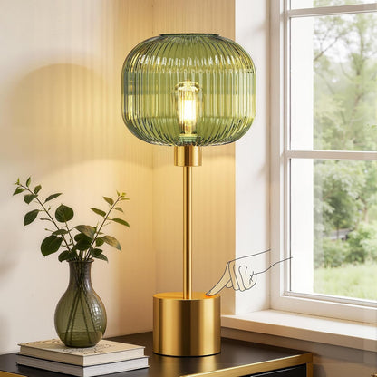 Glass Table Lamp for Living Room, Modern Bedside Lamp with Green Ribbed Glass Shade, 3-Way Dimmable Touch Control Nightstand Lamp for Bedroom, Brushed Gold (2700K LED Bulb Included)1