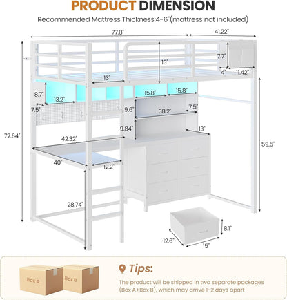 Loft Bed Twin Size with L-Shaped Desk,Bookshelf and Charging Station Metal Twin Loft Bed with 6 Storage Drawers,Open Shelves and Hutch,Loft Twin Beds with Led Lights and Safety Guardrail,White2
