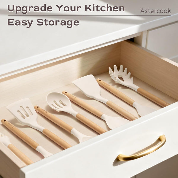 Kitchen Utensils Set, 39 PCS Silicone Cooking Utensils Set with Wooden Handle, 446°F Heat Resistant Food Grade Utensil Sets, BPA Free Kitchen Gadgets Tools Set for Nonstick Cookware (Cream)9