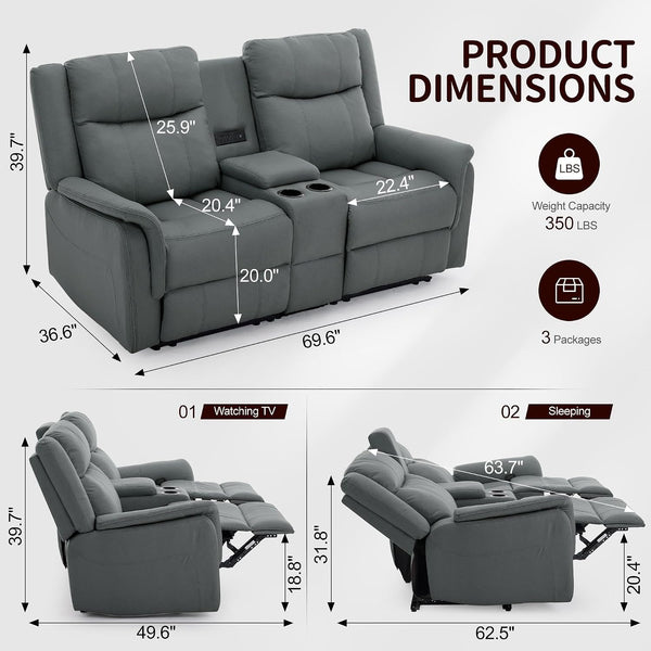 Loveseat Recliner Sofa, Reclining Loveseat Couch, Reclining Couch with Console, USB Port, US Outlets, and Cup Holders, 2-Seater Sofa for Living Room2