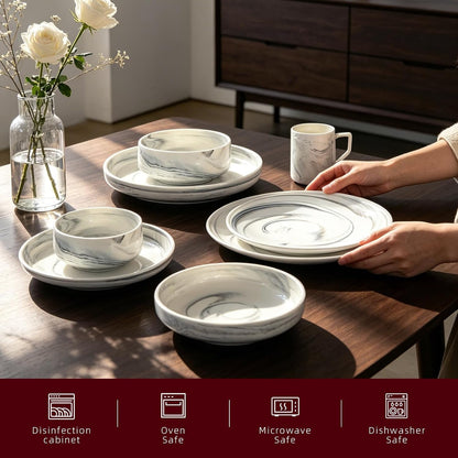 20 Piece Plates and Bowls Sets, Fine China Artisan Marbled Dinner Set for 4, Dishwasher Safe Dinnerware Set, Scratch Resistant, Grey3