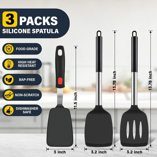 Silicone Spatula Set, Heat Resistant Solid & Slotted Turner for Non-Stick Pans, Silicone Cooking Utensils Set, Bpa-Free, Flexible Spatula Turner for Flipping Eggs, Burgers, Pancakes, Black, 3 PCS-A2