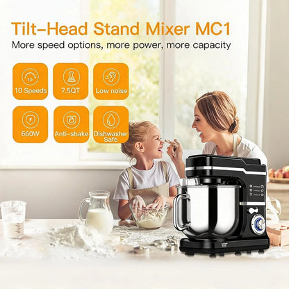 Stand Mixer Dough Mixer 7QT 660W 10-Speed Tilt-Head Dough Mixer, Electric Kitchen Mixer with Stainless Bowl, Hook, Whisk, Beater & Splash Guard, Black (Black)7