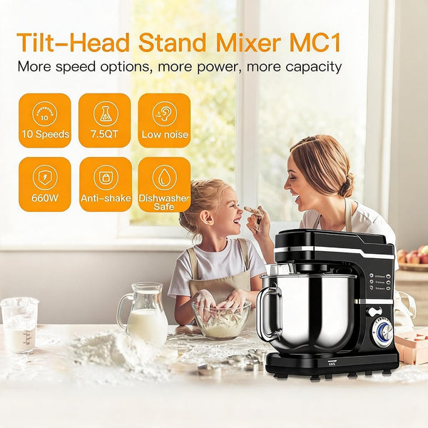 Stand Mixer Dough Mixer 7QT 660W 10-Speed Tilt-Head Dough Mixer, Electric Kitchen Mixer with Stainless Bowl, Hook, Whisk, Beater & Splash Guard, Black (Black)7