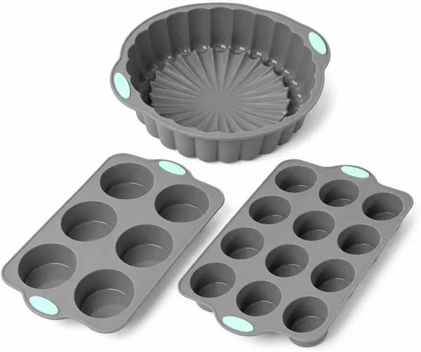 Gray Green Silicone Bakeware Set of 3, round Flower Pan 6 & 12 Cavity Pastry Trays for Household Baking1