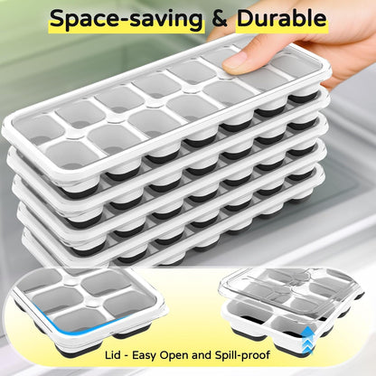 Ice Cube Tray 5 Pack, Stackable Silicone Ice Cube Trays with Lid, Easy Release Reusable Ice Tray, Bpa-Free Rectangular Ice Cube Mold Set for Cocktails, Coffee, Whiskey & Drinks, Black5