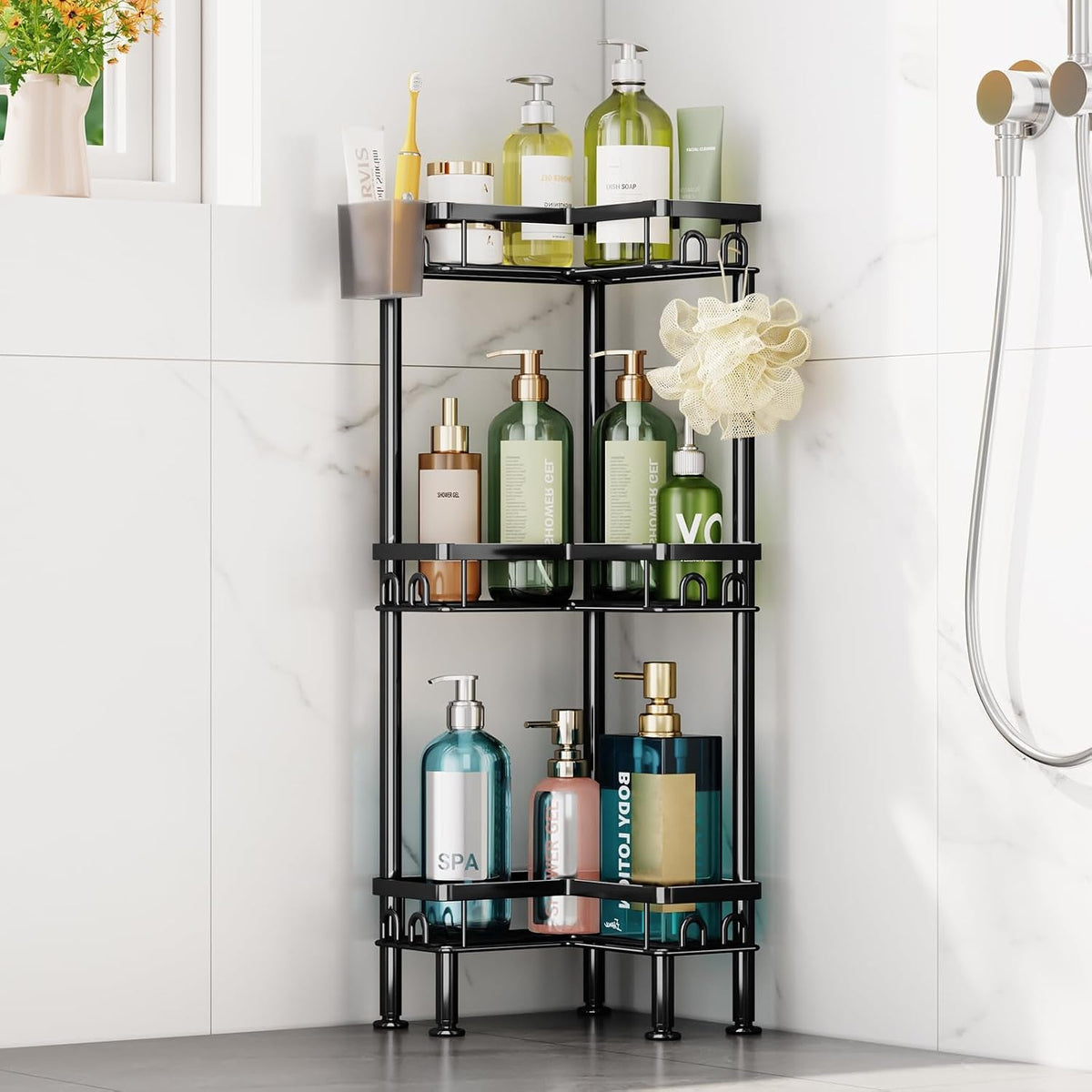 standing-shower-caddy-corner-3-tier-corner-shower-organizer-with-toothbrush-holder-and-12-hooks-large-capacity-rustproof-bathroom-shelves-for-tall-bottles-black